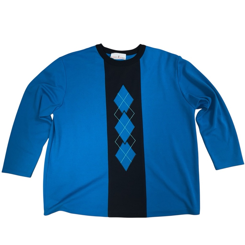 Vintage Relaxed Blue Crewneck Sweater with Black Argyle 70s 80s Made In Canada